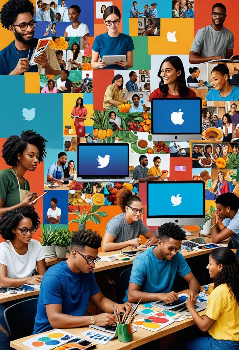 A vibrant collage of diverse individuals working on creative projects - painting, cooking, writing, coding, and filming videos. The background features a bustling digital community with various social media icons, representing the interconnected content community. Each individual is glowing with inspiration and dedication. super-realistic. vibrant colors.