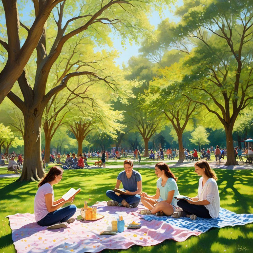 A serene park scene with diverse people engaging in daily activities like picnicking, reading, and playing, focusing on genuine, unposed smiles and interactions. The background features blossoming trees and soft sunlight filtering through leaves. Gentle colors with a touch of whimsy to convey joy and authenticity. painting. vibrant colors.